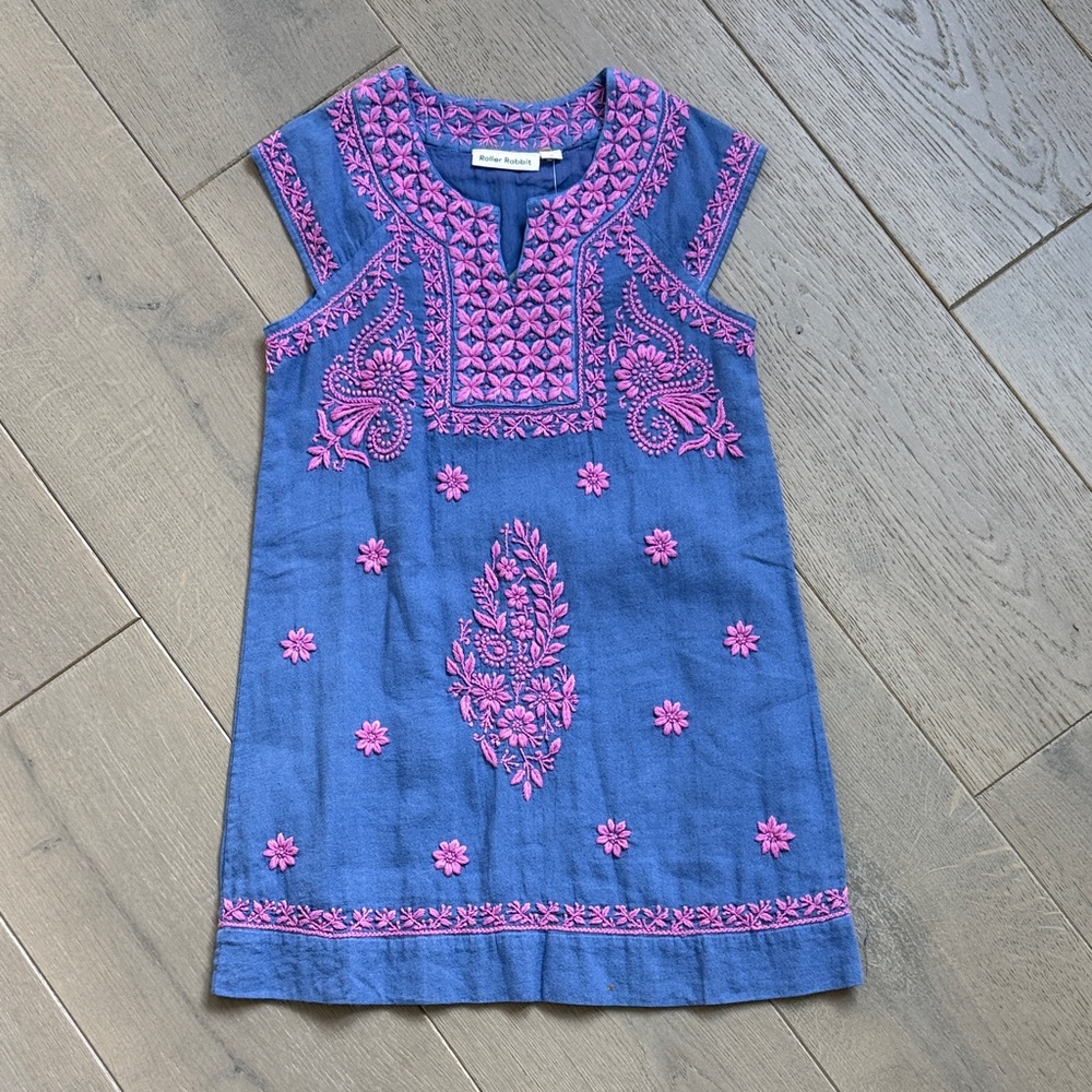 NWT Roller Rabbit Blue Dress with Pink Embroidery